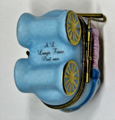 LIMOGES BOX~ BABY & BOTTLE IN PINK & BLUE CARRIAGE ~PRAM~ TEDDY BEAR ~PEINT MAIN