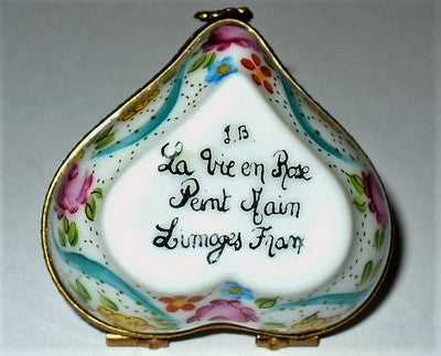 LIMOGES FRANCE BOX ~ HEART & BISQUE FLOWERS ~RIBBONS & ROSES~ ANNIVERSARY ~ MIB