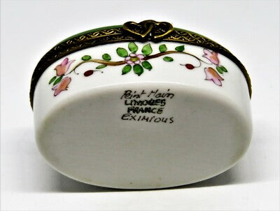 LIMOGES FRANCE BOX - EXIMIOUS -GREEN OVAL FLORAL- HEART & BIRDS & NEST & FLOWERS