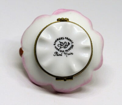 LIMOGES FRANCE BOX - PARRY-VIEILLE - ROSE FLOWER BASKET & PORCELAIN HANDLE