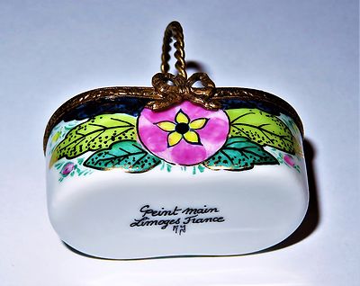 LIMOGES FRANCE BOX - FLORAL BASKET & THREE PERFUME BOTTLES - PINK FLOWERS