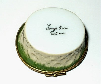 LIMOGES BOX ~FLOWER BASKET~ PINK FORGET-ME-NOTS ~ BLUE RIBBON & BOW ~PEINT MAIN