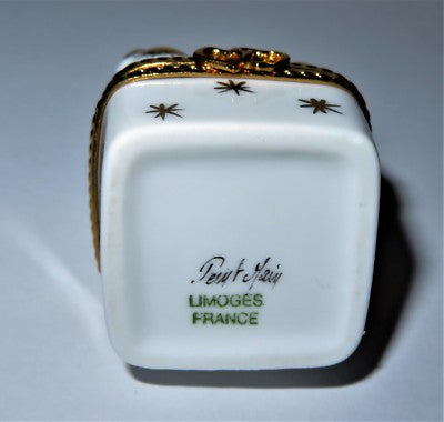 LIMOGES FRANCE BOX ~ TEDDY BEAR ~ RED HEARTS & GOLD STARS & BOW ~ ANNIVERSARY
