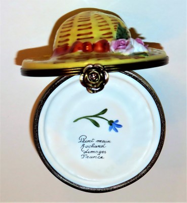 LIMOGES FRANCE BOX ~ROCHARD~ VINTAGE STRAW SUMMER HAT & BISQUE ROSES ~ GARDENING