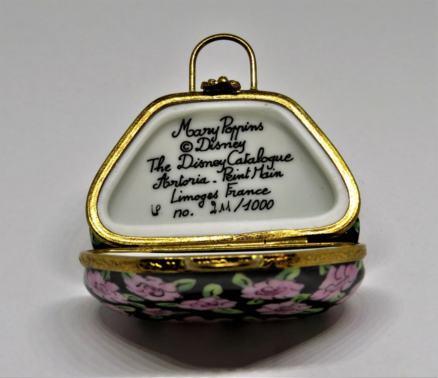 LIMOGES FRANCE BOX -ARTORIA- MARY POPPINS FLOWERED CARPET BAG PURSE - LE -DISNEY