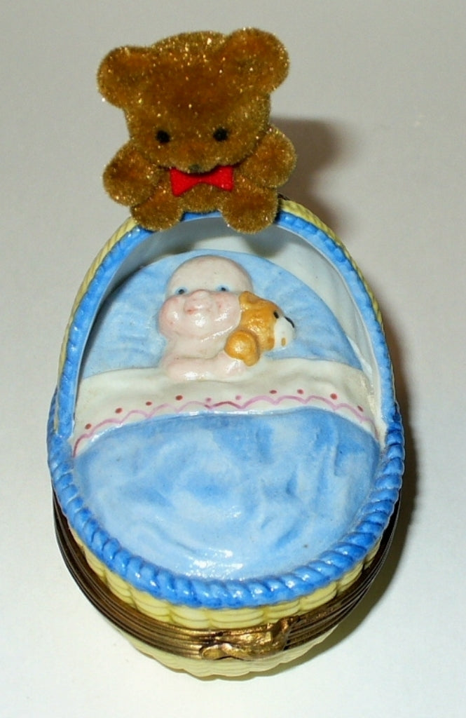 LIMOGES FRANCE BOX ~ CHAMART ~ BABY IN CRADLE & TEDDY BEAR ~BASSINET~ PEINT MAIN