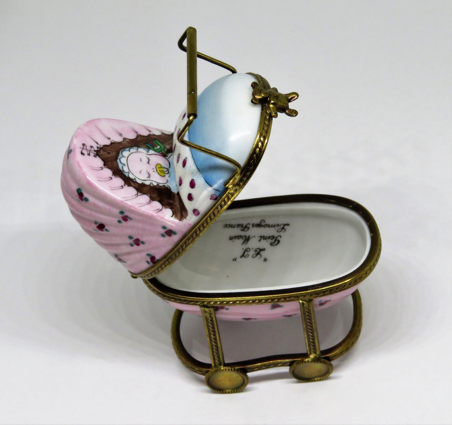 LIMOGES FRANCE BOX - PINK FLORAL BABY CARRIAGE - TEDDY BEAR CLASP - PACIFIER