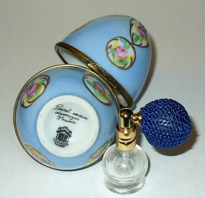 LIMOGES BOX - FLORAL EASTER EGG & PERFUME BOTTLE & ATOMIZER - ROSES