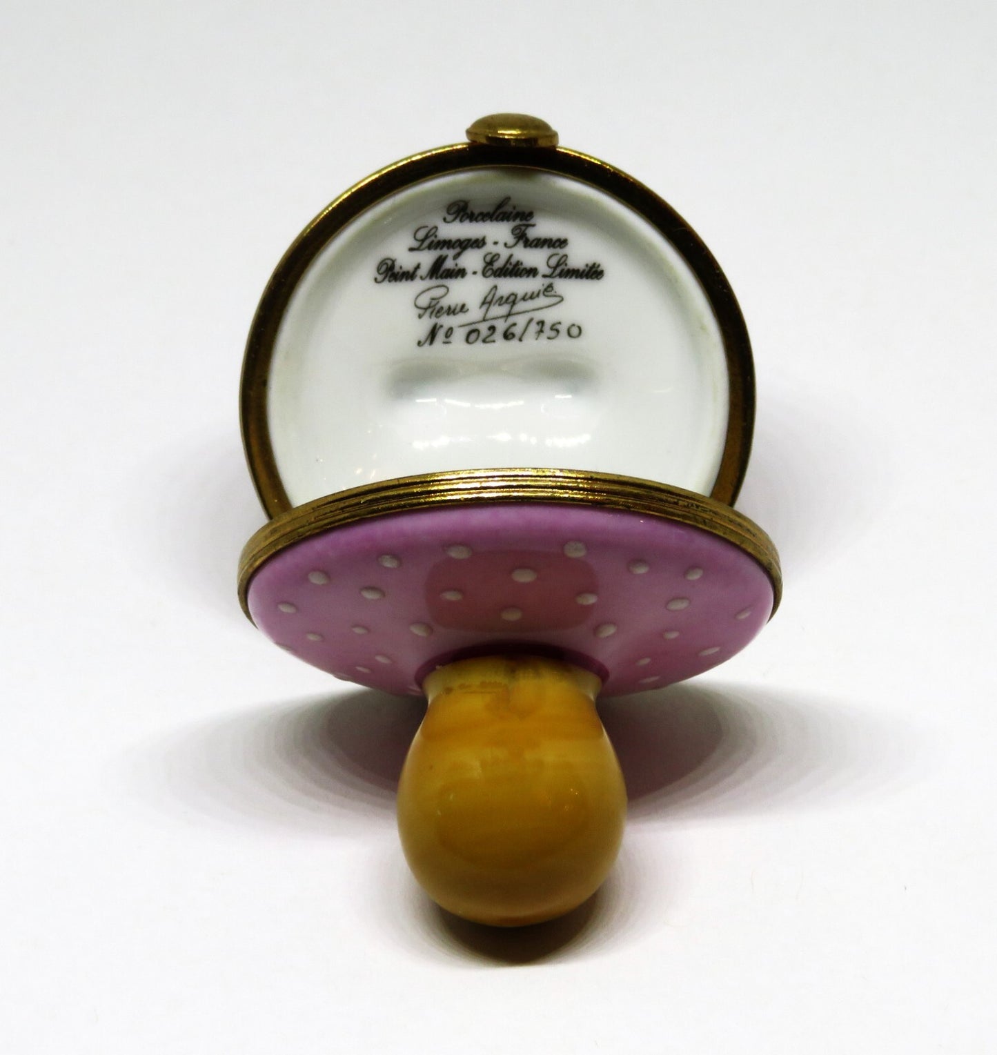 LIMOGES BOX~ PIERRE ARQUIE ~ PINK & BURGUNDY BABY PACIFIER ~ WHITE DOTS ~ 26/750