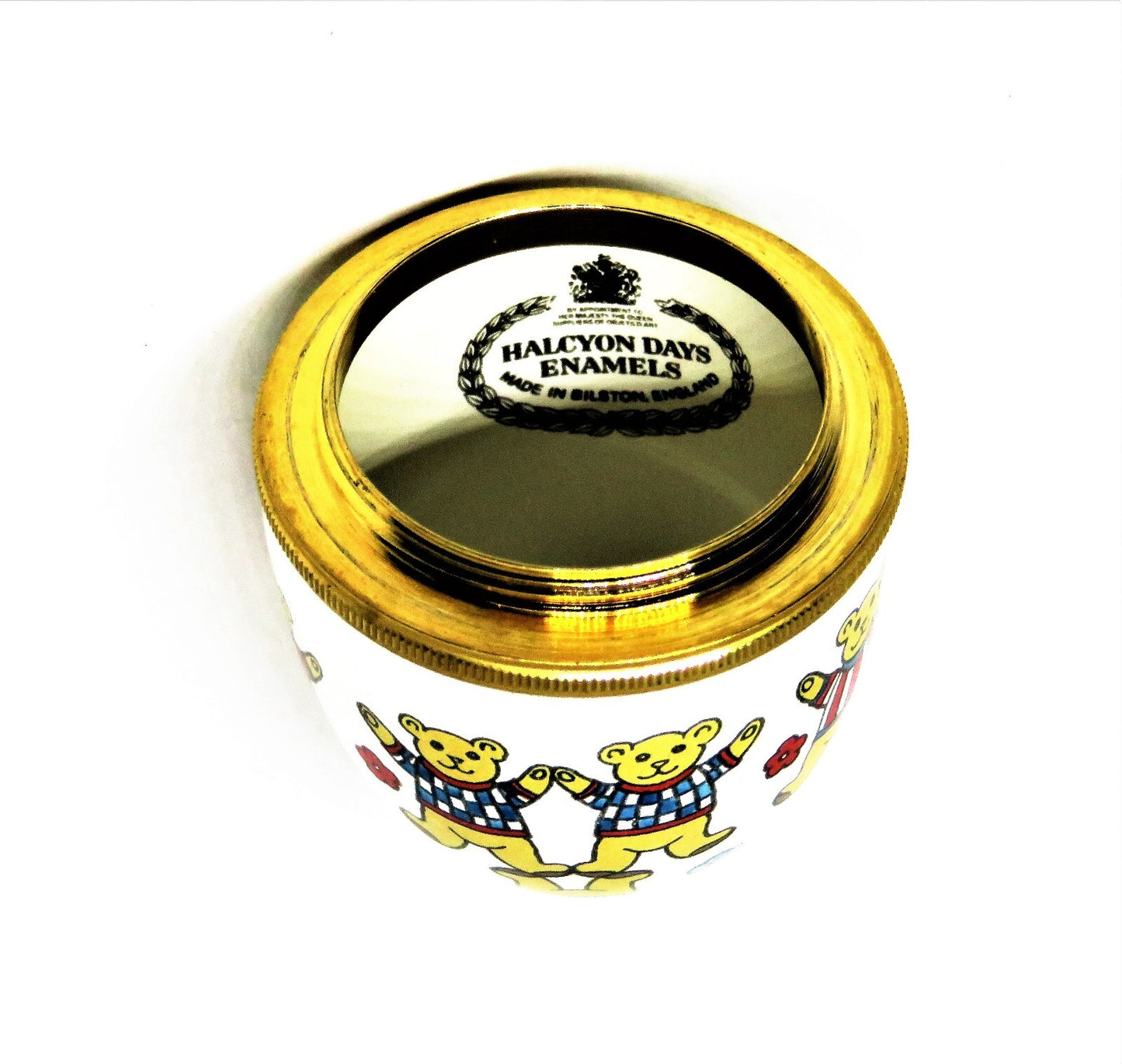 HALCYON DAYS ENAMEL BOX - EGG WITH TEDDY BEARS IN T-SHIRTS - FLOWERS