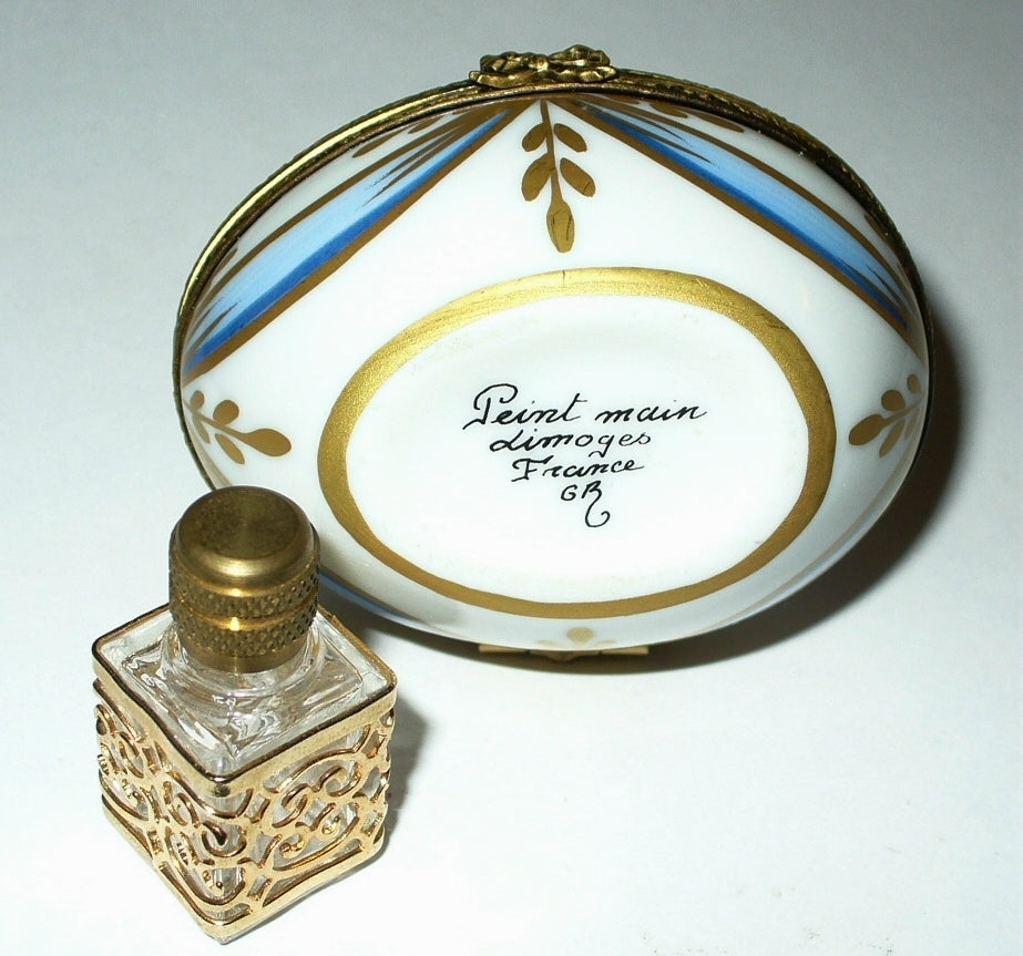 LIMOGES FRANCE BOX - FLORAL EGG - PINK ROSES & RIBBONS & PERFUME BOTTLE - GR