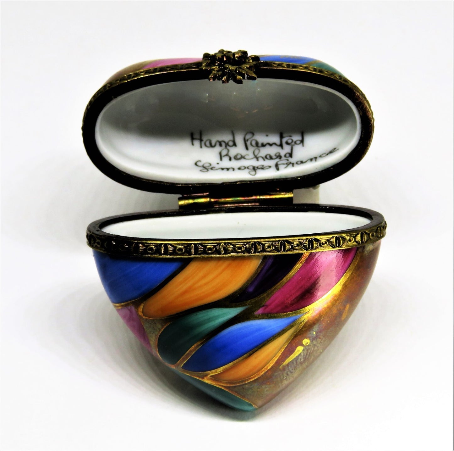 LIMOGES BOX ~ ROCHARD ~ VINTAGE MOSAIC LEAF HEART ~ SIGNED "MC" - ANNIVERSARY
