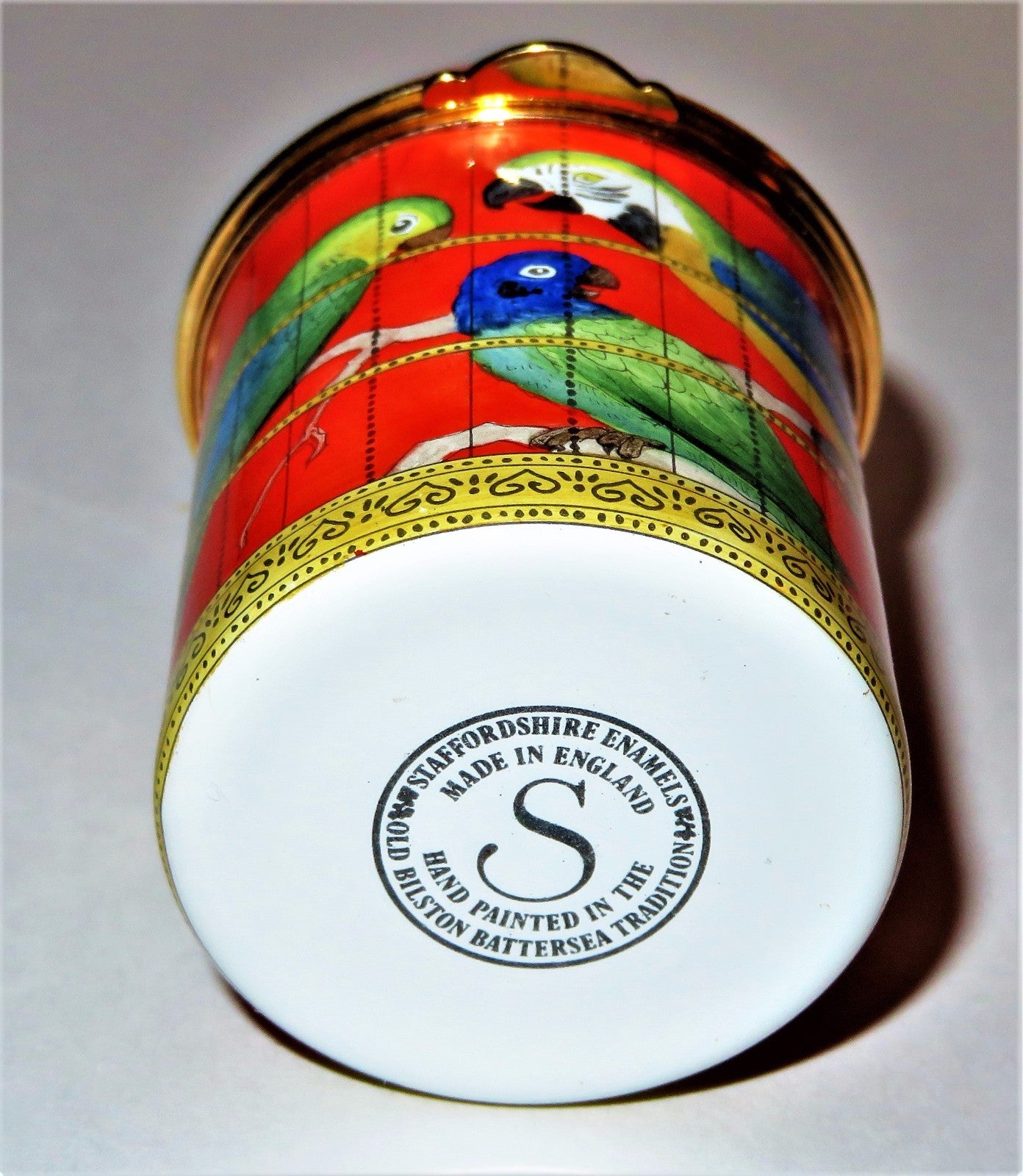 STAFFORDSHIRE ENAMELS BOX - BIRD CAGE & EXOTIC BIRDS -COCKATOO & PARROTS- MACAW