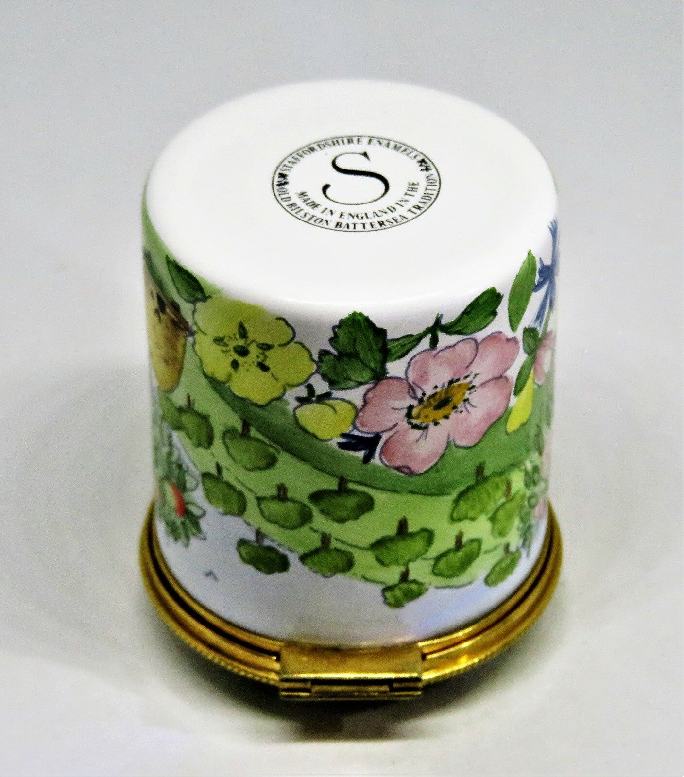 STAFFORDSHIRE ENAMELS STAMP BOX - FRUIT ORCHARD & BEE HIVES - FLOWERS & TREES