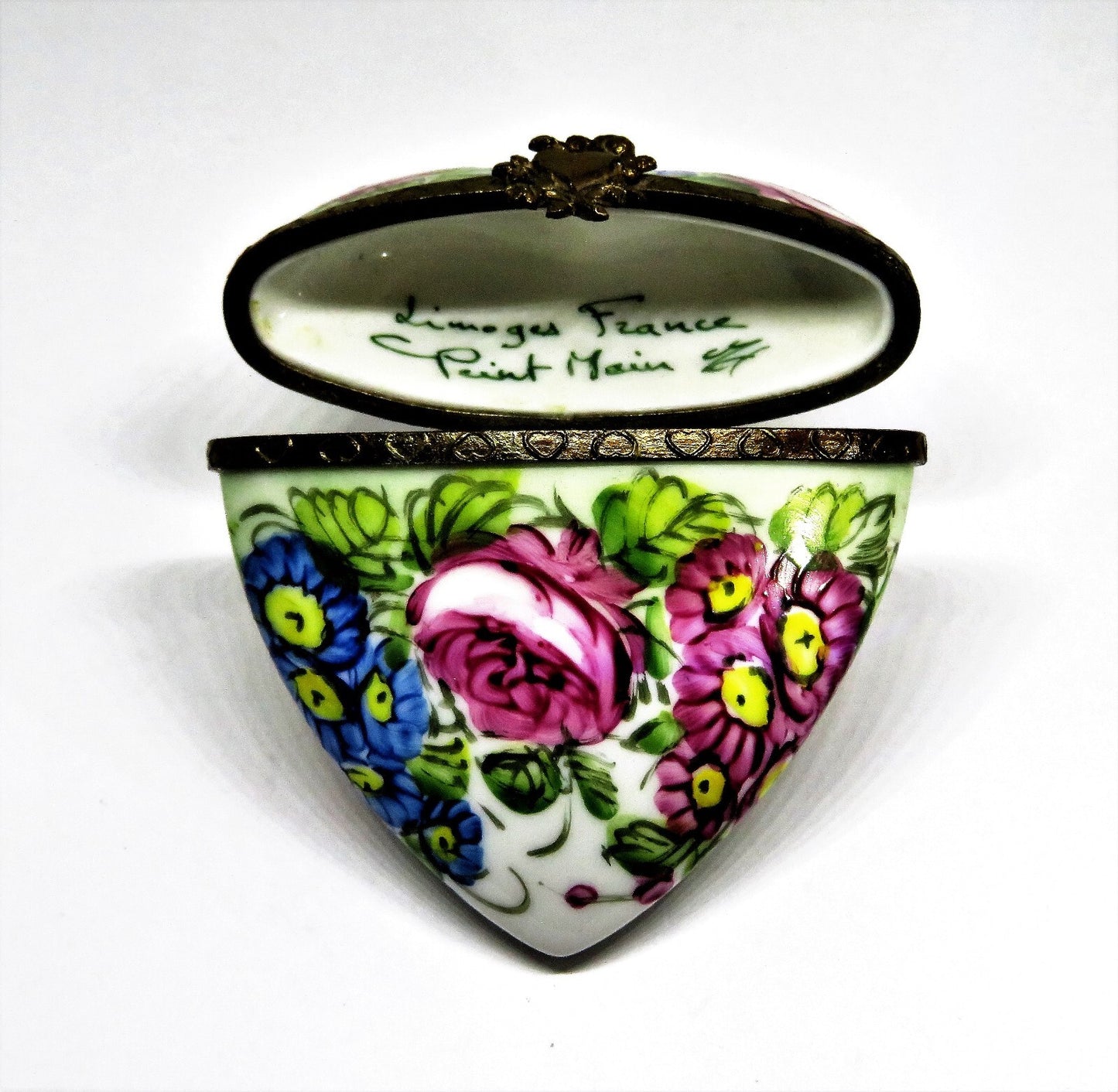 LIMOGES FRANCE BOX - FLORAL HEART & PERFUME BOTTLE - FLOWERS - PINK ROSES
