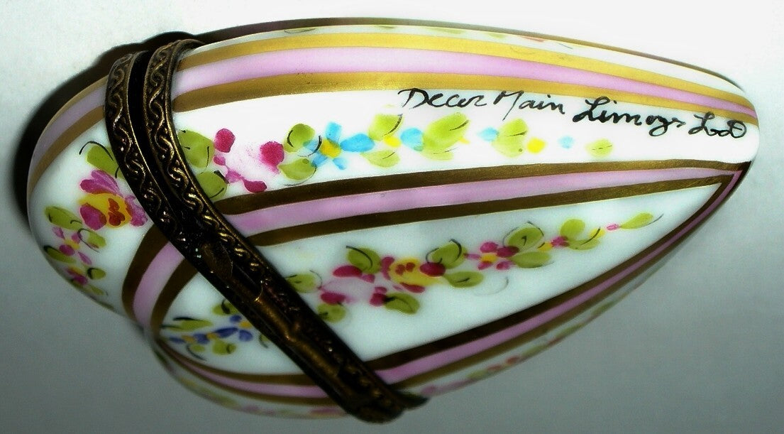 LIMOGES BOX ~ PINK & GOLD HEART ~ FLOWERS & STRIPES ~ ROSES ~ ANNIVERSARY
