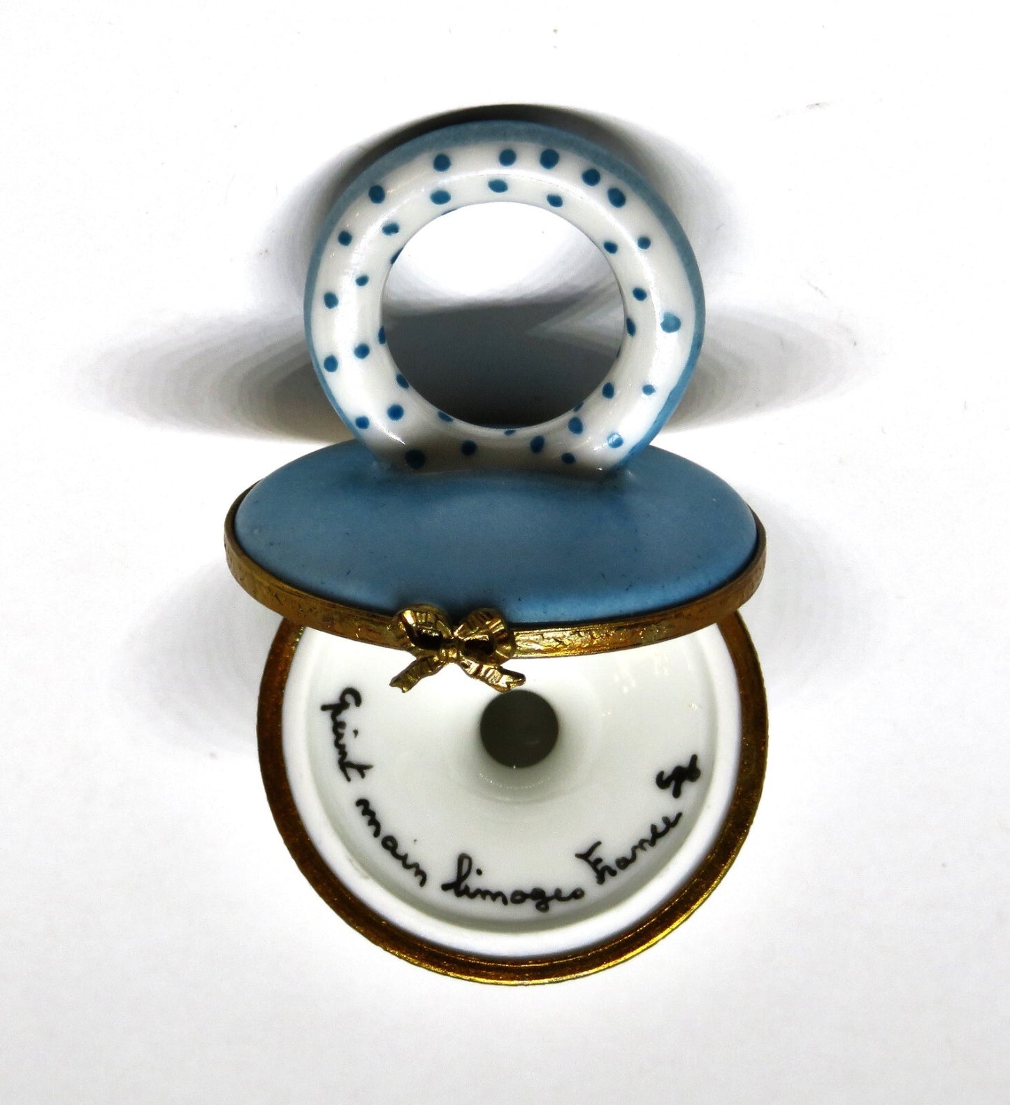 LIMOGES FRANCE BOX ~ BLUE & WHITE BABY PACIFIER ~ BLUE DOTS ~ PEINT MAIN