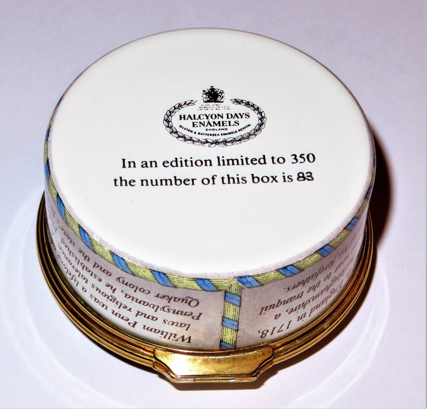 HALCYON DAYS ENAMEL BOX -STATE OF PENNSYLVANIA- INDEPENDENCE HALL - WILLIAM PENN