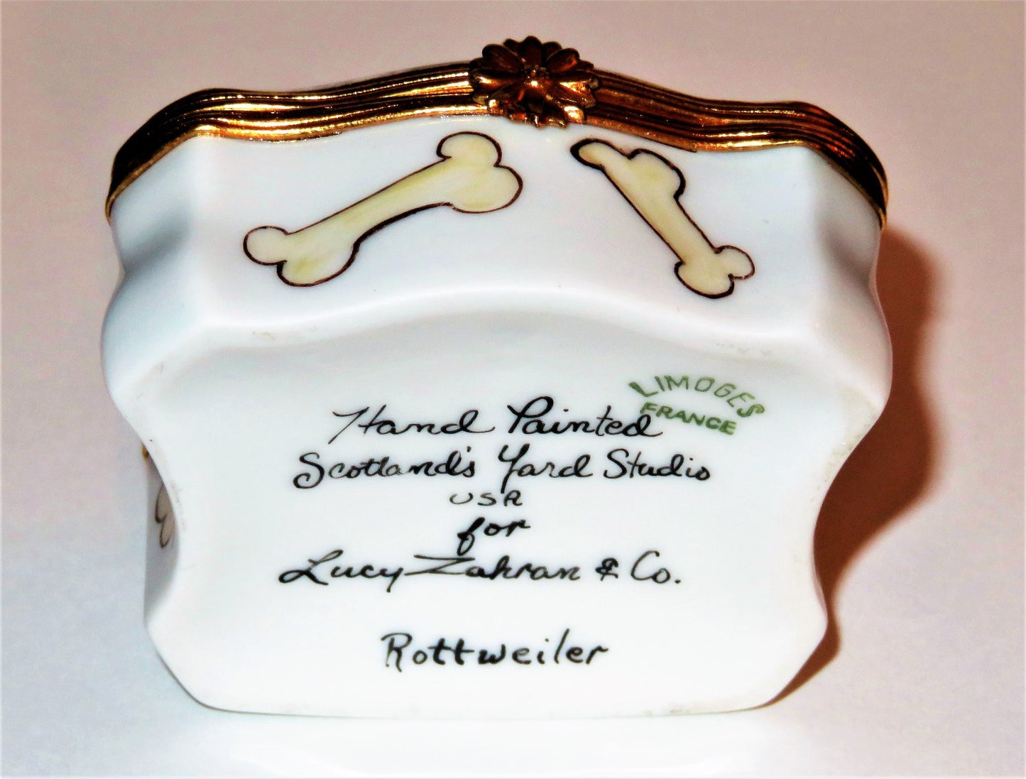 LIMOGES FRANCE BOX - ROTTWEILER DOG & BONES -SCOTLAND'S YARD STUDIO- LUCY ZAHRAN