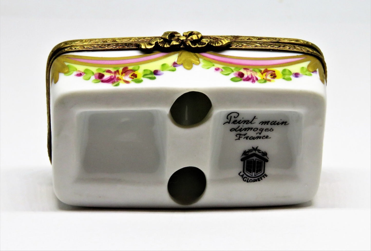 LIMOGES FRANCE BOX - FLORAL STAMP BOX - FLOWERS - ROSES - RIBBONS & TASSELS