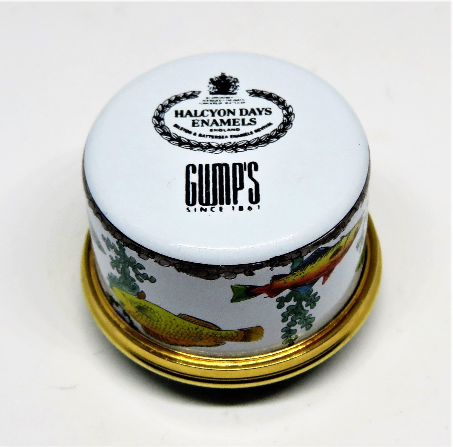 HALCYON DAYS ENAMEL BOX- "EAT, SLEEP, FISH" - FISHING - SEAWEED - GUMP'S - GUMPS