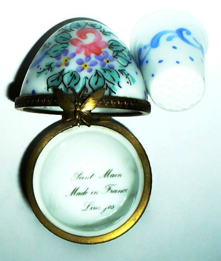 LIMOGES FRANCE BOX ~ VINTAGE ROSE EGG & PORCELAIN SEWING THIMBLE ~ PEINT MAIN