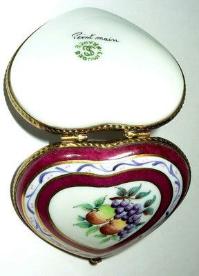LIMOGES FRANCE BOX - BURGUNDY & WHITE HEART - FRUITS - APPLES & GRAPES - ANNIVERSARY