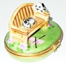 LIMOGES FRANCE BOX~ ARTORIA ~KITTEN ON GARDEN BENCH & DALMATIAN PUPPY~ CAT & DOG