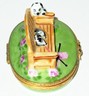 LIMOGES FRANCE BOX~ ARTORIA ~KITTEN ON GARDEN BENCH & DALMATIAN PUPPY~ CAT & DOG