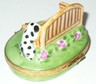 LIMOGES FRANCE BOX~ ARTORIA ~KITTEN ON GARDEN BENCH & DALMATIAN PUPPY~ CAT & DOG