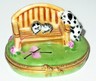 LIMOGES FRANCE BOX~ ARTORIA ~KITTEN ON GARDEN BENCH & DALMATIAN PUPPY~ CAT & DOG