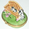 LIMOGES FRANCE BOX~ ARTORIA ~KITTEN ON GARDEN BENCH & DALMATIAN PUPPY~ CAT & DOG