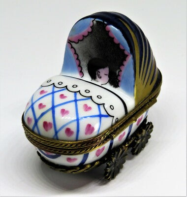 LIMOGES BOX~ BABY IN PINK & BLUE CARRIAGE ~ PRAM ~ BOTTLE INSIDE ~ PEINT MAIN