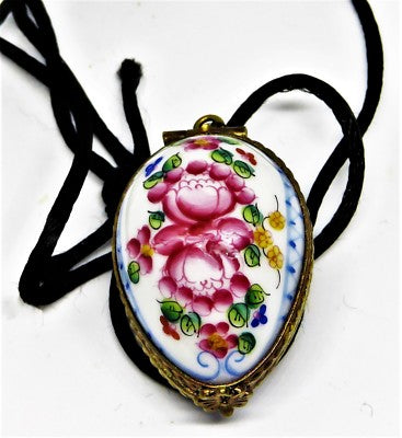 LIMOGES FRANCE BOX ~PENDANT & CORD~ ROCHARD ~ FLORAL EGG ~FLOWERS~ HAND PAINTED