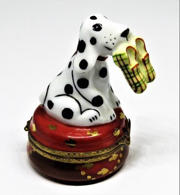 LIMOGES FRANCE BOX - LAGLORIETTE - DALMATIAN DOG & PLAID SLIPPERS - PUPPY