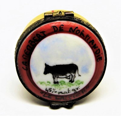 LIMOGES BOX - 'WOODEN' CONTAINER OF CAMEMBERT FROM NORMANDY - COW - WHEEL INSIDE
