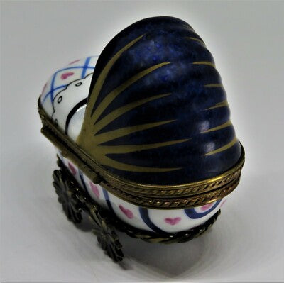 LIMOGES BOX~ BABY IN PINK & BLUE CARRIAGE ~ PRAM ~ BOTTLE INSIDE ~ PEINT MAIN