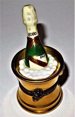 LIMOGES BOX - ELDA - BOTTLE OF BRUT CHAMPAGNE 2000 CHILLING IN A BUCKET - GRAPES