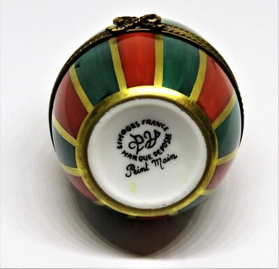 LIMOGES FRANCE BOX- CHRISTMAS -PARRY-VIEILLE- VINTAGE RED & GREEN EGG - GOLD BOW