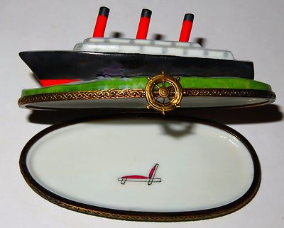 LIMOGES FRANCE BOX -CHAMART- CRUISE SHIP -OCEAN LINER- SHIP'S WHEEL & DECK CHAIR