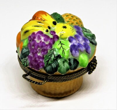 LIMOGES FRANCE BOX- CHAMART - FRUIT BASKET & METAL HANDLES - 3 DIMENSIONAL FRUIT
