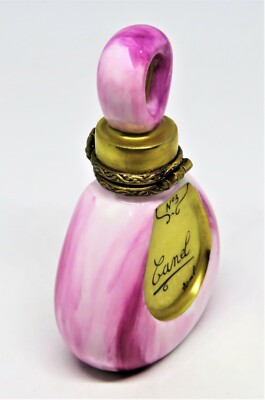 LIMOGES FRANCE BOX - ELDA - PINK & GOLD PERFUME BOTTLE - LADY'S HEAD CLASP