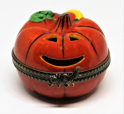 LIMOGES FRANCE BOX - HALLOWEEN - JACK-O-LANTERN & CUT OUT FACE - 3D CANDLE - CAT