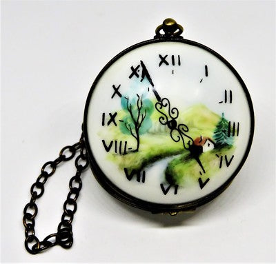 LIMOGES FRANCE BOX- ROCHARD -ANTIQUE POCKET WATCH & CHAIN- RURAL LANDSCAPE SCENE