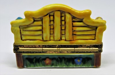 LIMOGES FRANCE BOX- PIERRE ARQUIE - GARDEN OR PARK BENCH - HAT & SHAWL - FLOWERS