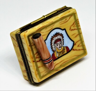 LIMOGES FRANCE BOX - WOODEN CIGAR BOX & 5 CIGARS - FEATHERED HEADDRESS - LE