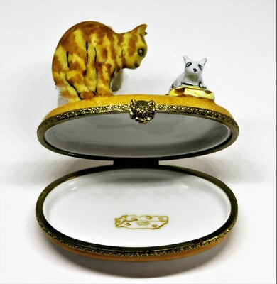 LIMOGES FRANCE BOX - VINTAGE TABBY CAT & MOUSE & SWISS CHEESE - CAT FACE CLASP