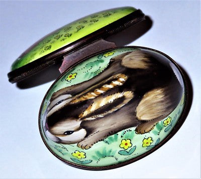 HALCYON DAYS ENAMEL BOX - BUNNY BONBONNIERE - BROWN RABBIT & YELLOW FLOWERS