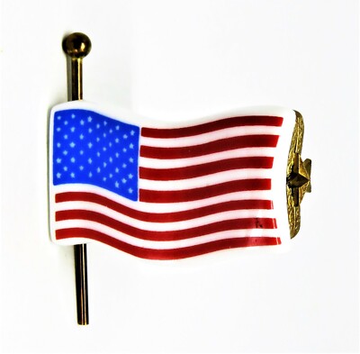 LIMOGES BOX- U. S. FLAG & POLE - STARS & STRIPES - "GOD BLESS AMERICA" -JULY 4TH