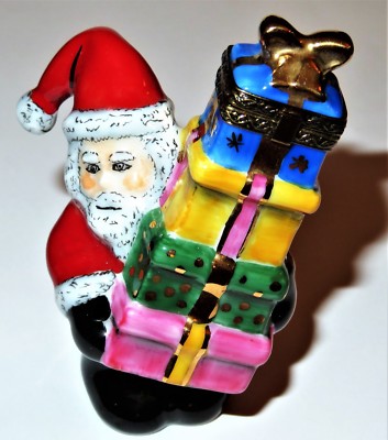 LIMOGES FRANCE BOX - CHRISTMAS - RMC - SANTA CLAUS WITH A STACK OF PRESENTS - LE